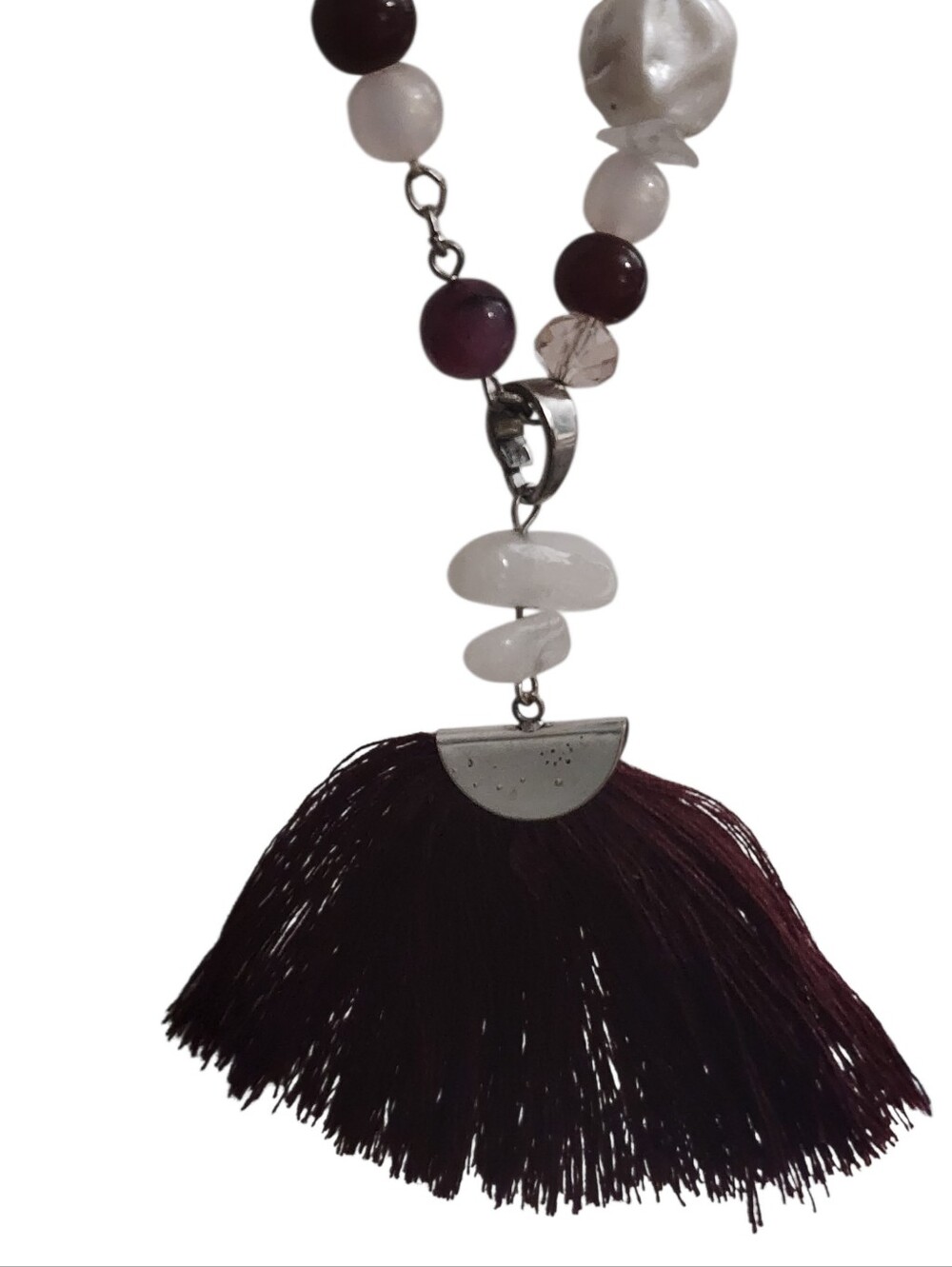 C1946 Deep Burgundy Tassel Pendant Necklace w/ Deep Burgundy, White & Pink Beads